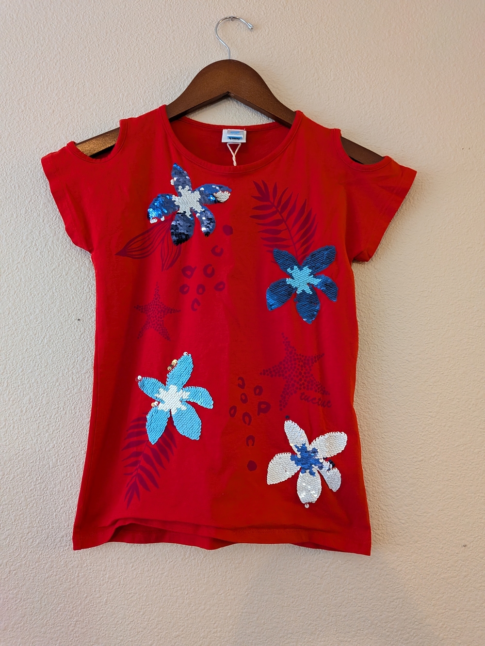 Girls Red Cold-Shoulder Sequin Floral Tee